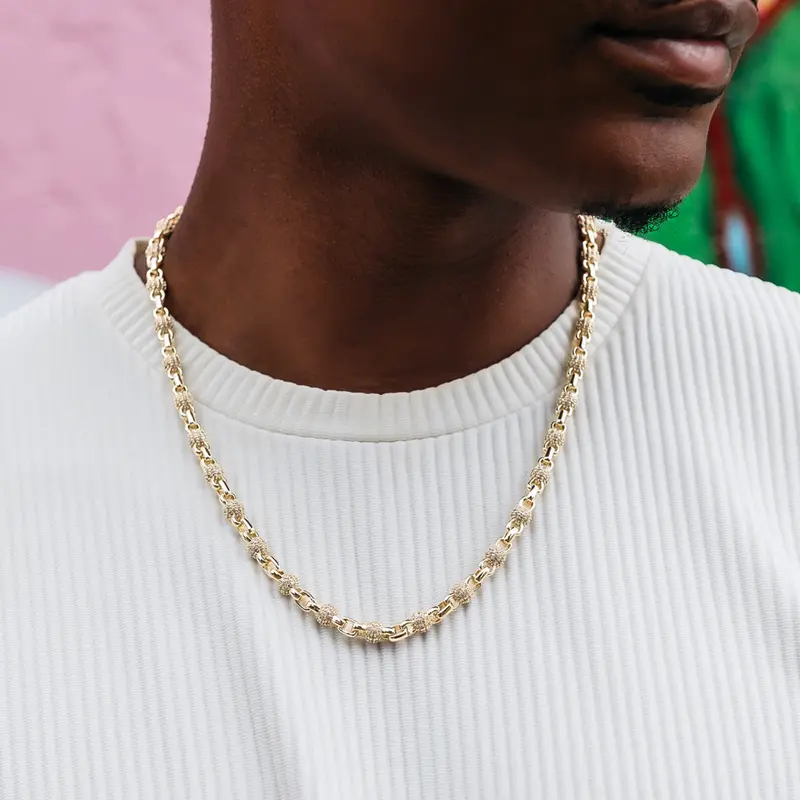 Yellow Gold Iced Ball Box Link Chain And Bracelet Set 1