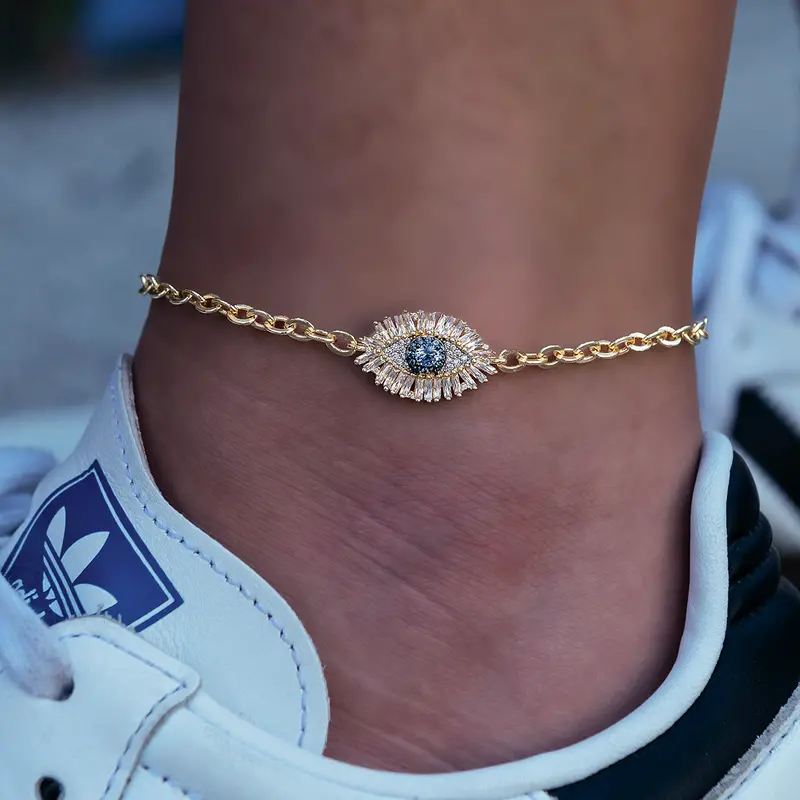 Yellow Gold Iced Blue Evil Eye Anklet 1
