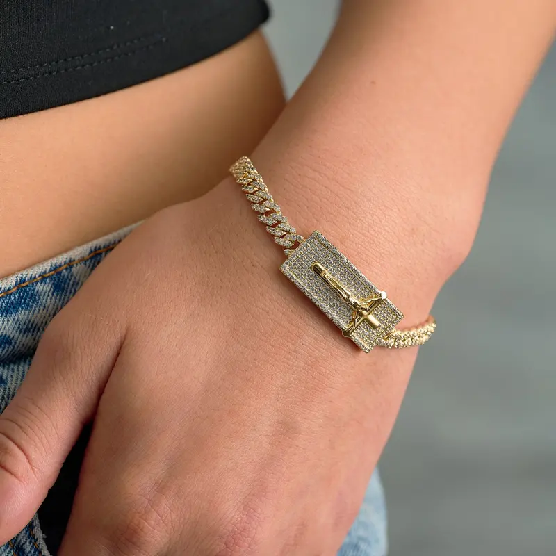 Yellow Gold Iced Crucifix Cross Bracelet With Plate Detail 1