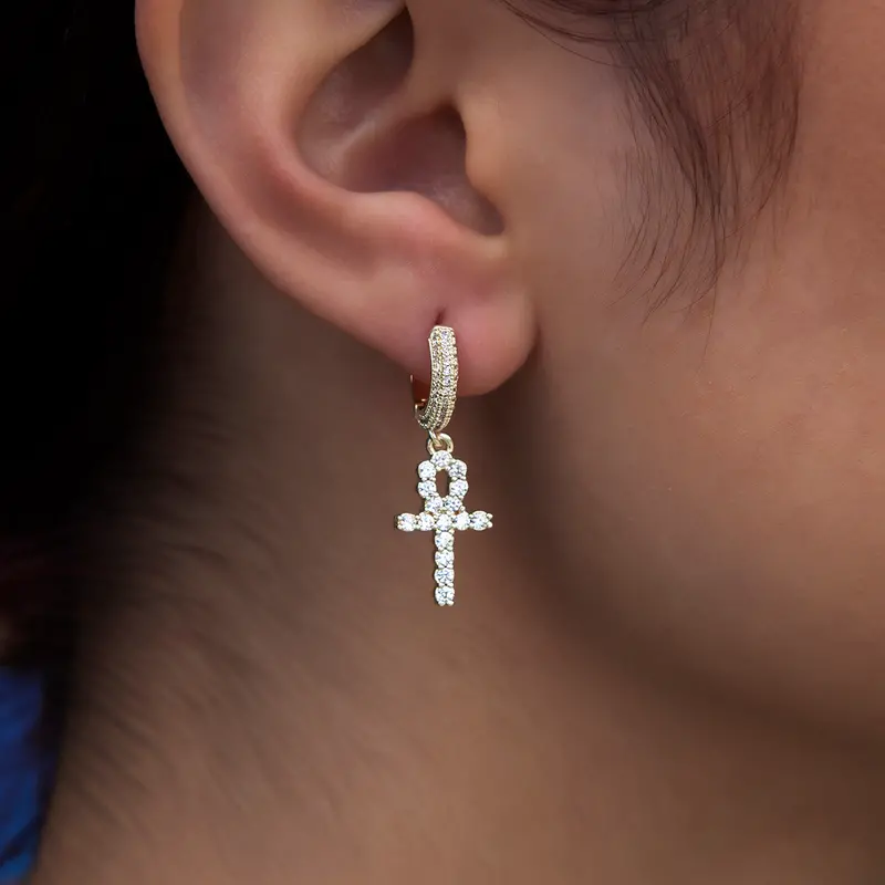Yellow Gold Iced Hoop Earrings With Ankh Cross Detail 1