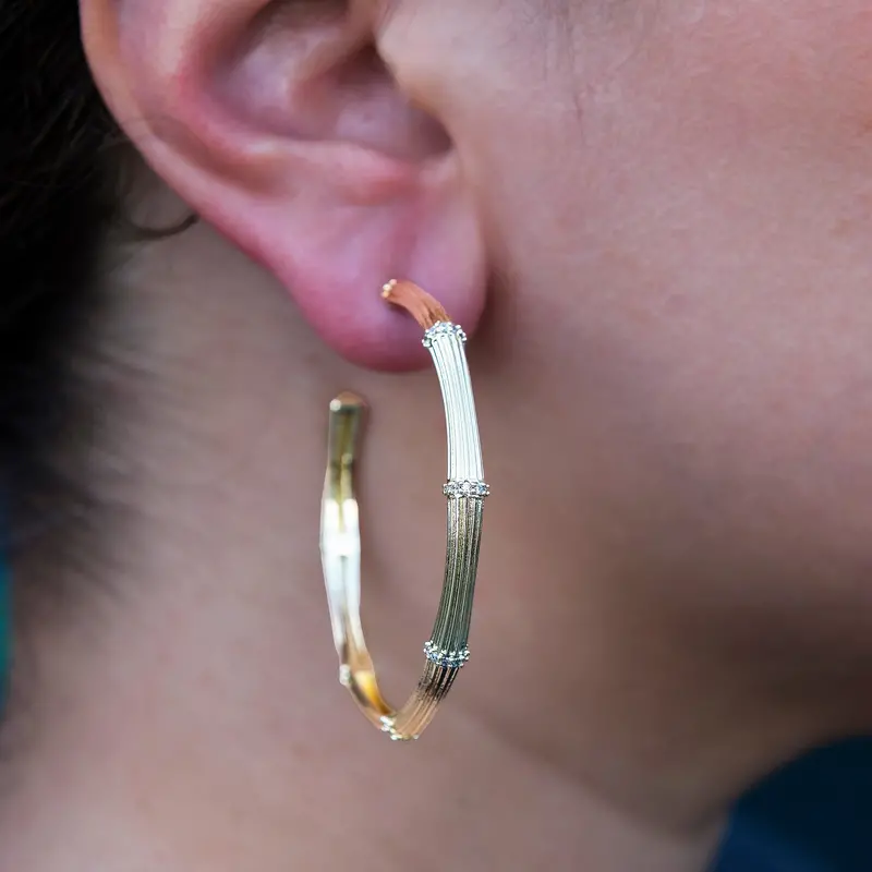 Yellow Gold Iced Textured Bamboo Hoop Earrings 2