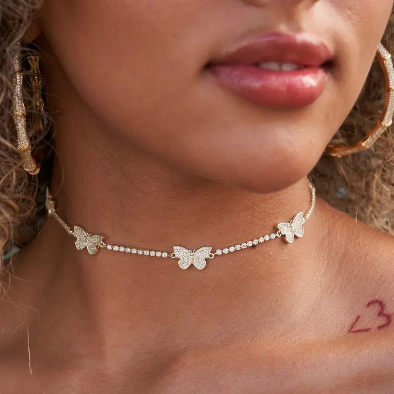 Yellow Gold Micro Butterfly Necklace And Anklet Matching Set 1