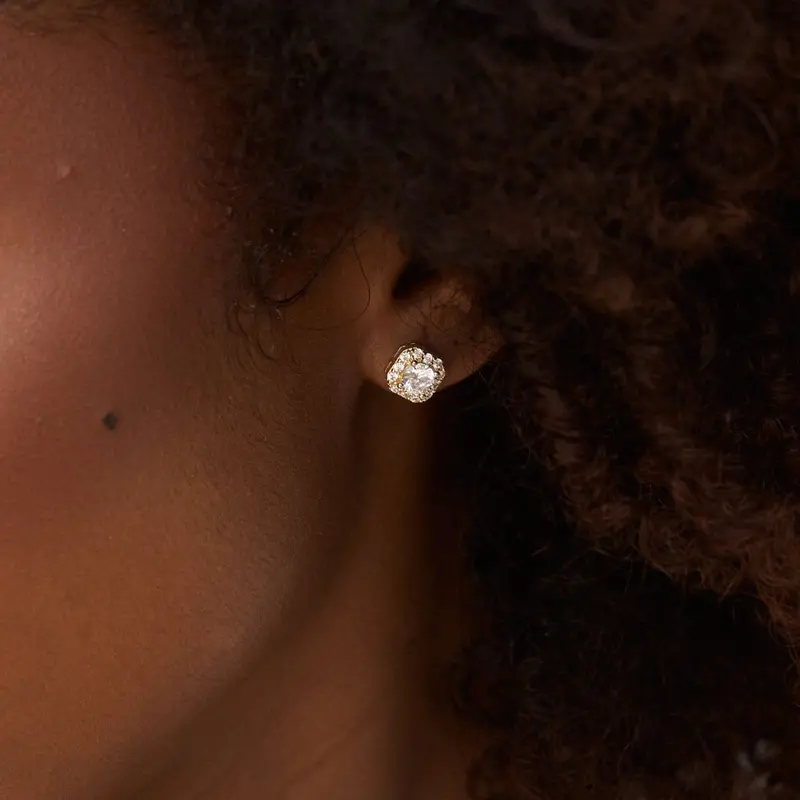 Yellow Gold Micro Diamond Cluster Earrings – Lightweight Pair 1