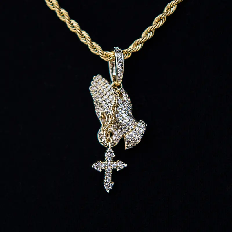 Yellow Gold Micro Iced Praying Hands & Cross Pendant 1