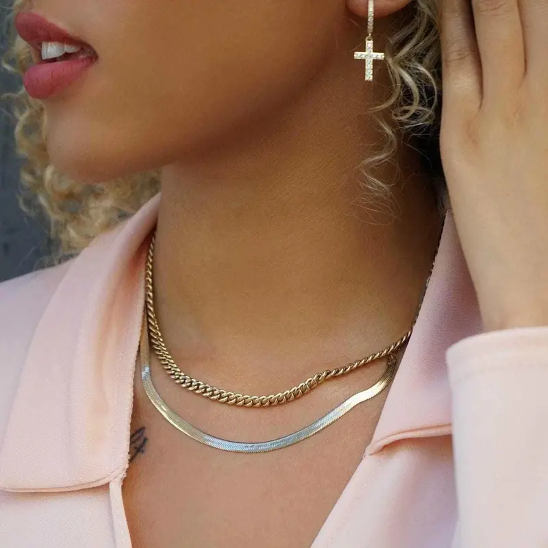 Yellow Gold Necklace Duo: 5Mm Cuban Link + 4Mm Herringbone Chain 1