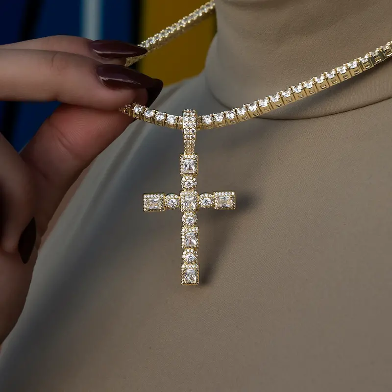 Yellow Gold Pave Diamond Cushion-Circle Cross Pendant 1