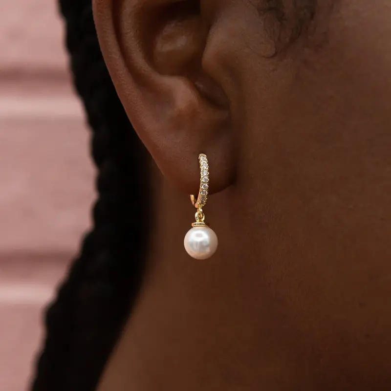 Yellow Gold Pave Pearl Drop Huggies – Extra-Small Size 1