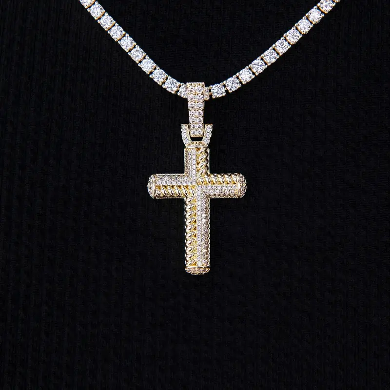 Yellow Gold Rope-Inspired Diamond Cross Pendant 1