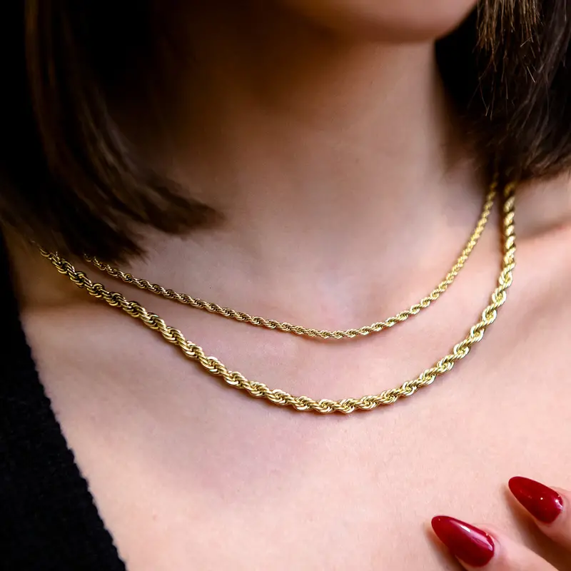 Yellow Gold Rope Necklace Set: 2Mm + 4Mm Twin Chains 1