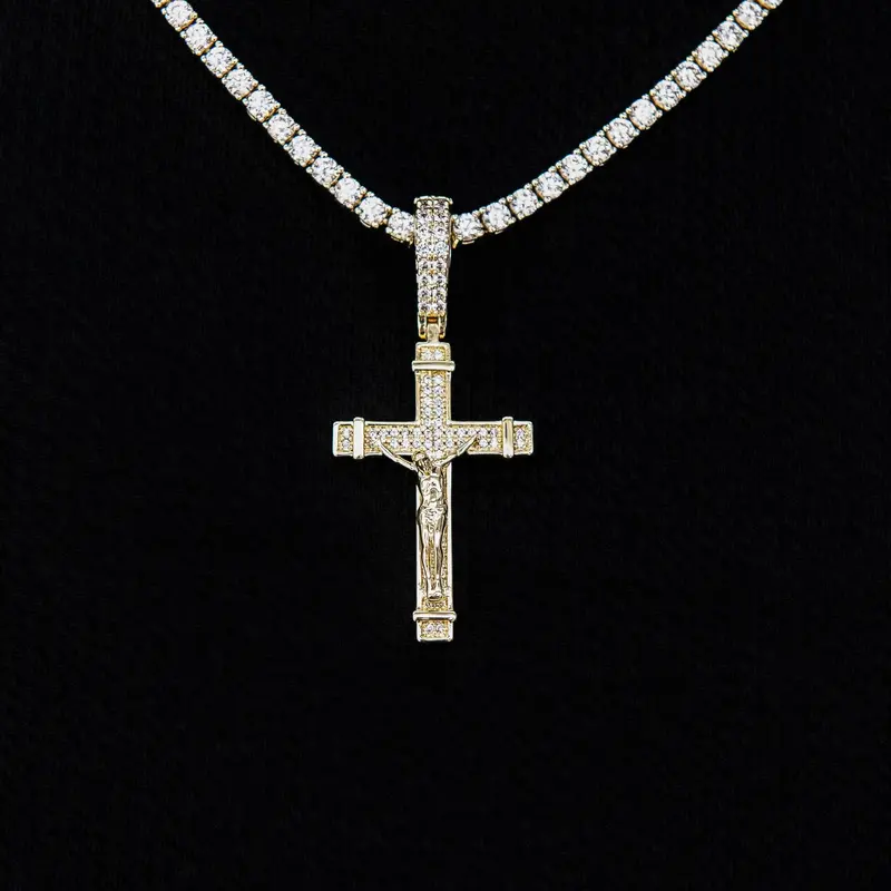 Yellow Gold Sleek Crucifix Pendant With Micro-Pavé Diamonds 1