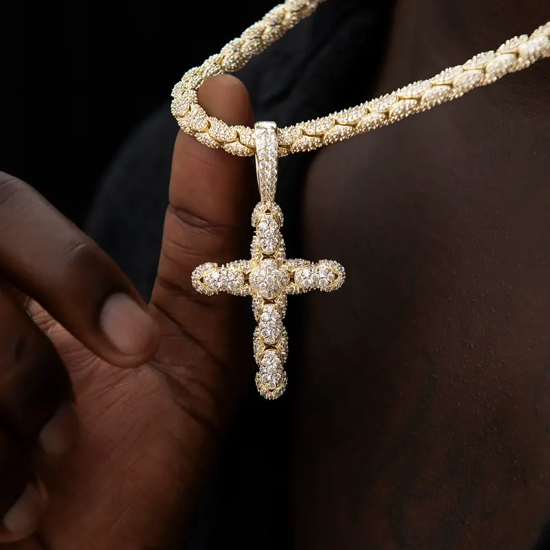Yellow Gold Snake-Link Cross Pendant With Pave Diamonds 1