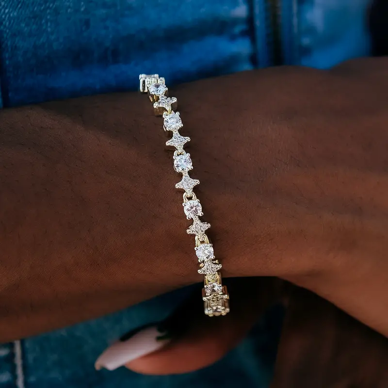 Yellow Gold Star Tennis Bracelet With Round Stones 1