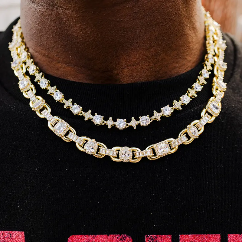 Yellow Gold Star Tennis Chain And Diamond Cluster Mariner Chain Duo 1