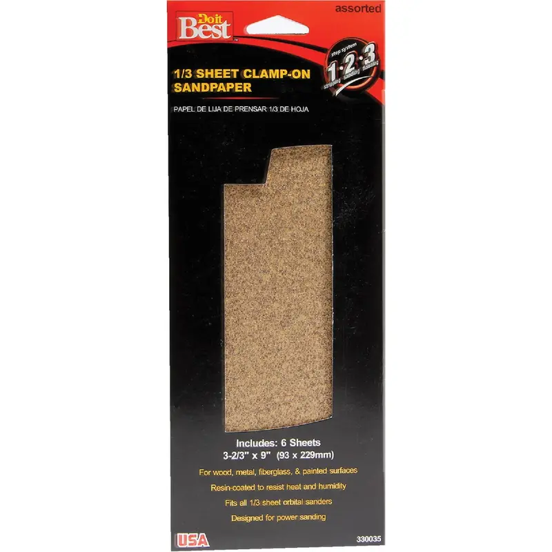Do It Best Aluminum Oxide Power Sanding Sheets – Assorted Grits (60C–220C), 1/3-Sheet, 6-Pack 1