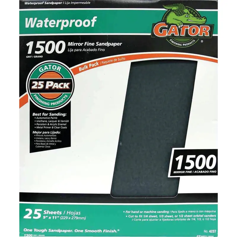 Gator Waterproof Mirror-Finish Sandpaper – 9" × 11", 1500 Grit, 25-Pack For Wet/Dry Polishing 1