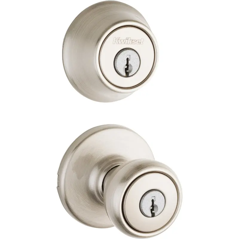 Kwikset Satin Nickel Entry Door Combo: Deadbolt + Knob Set 1