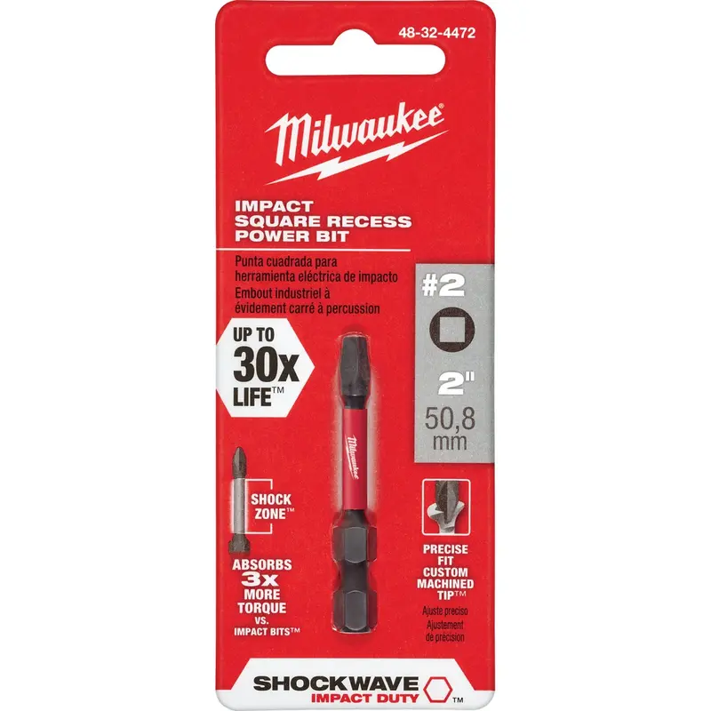 Milwaukee Shockwave #2 Square Recess Power Impact Screwdriver Bit, 2" Length 1