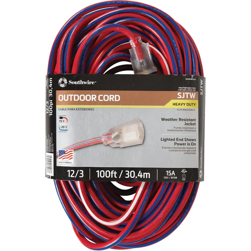 Southwire Patriotic Extension Cord – 100 Ft, 12/3 Gauge, Red/White/Blue Striped 1