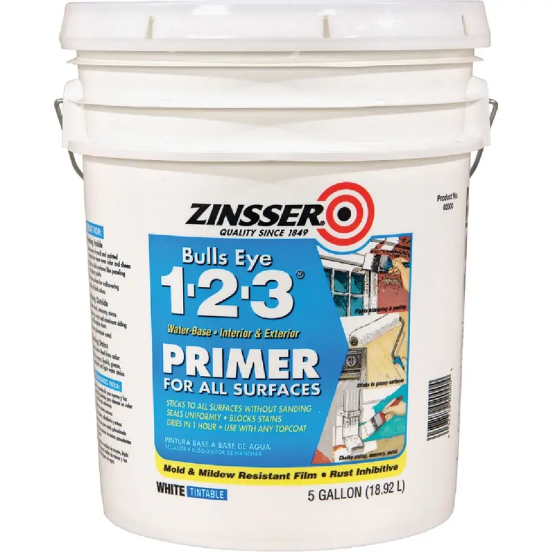 Zinsser Bulls Eye 1-2-3 Primer – Water-Based Stain-Blocking Coat, White, 5 Gal 1